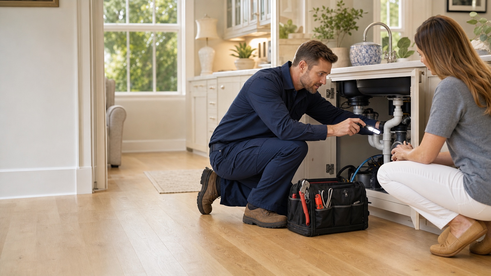Professional plumber inspecting kitchen plumbing with a Summerville homeowner